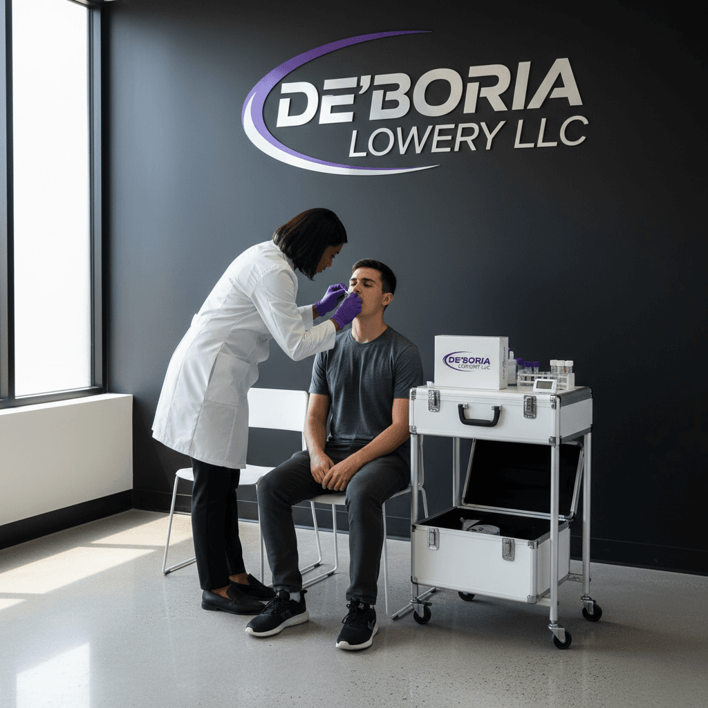 Technician performing an oral drug test using a purple, white, black, and silver color scheme.