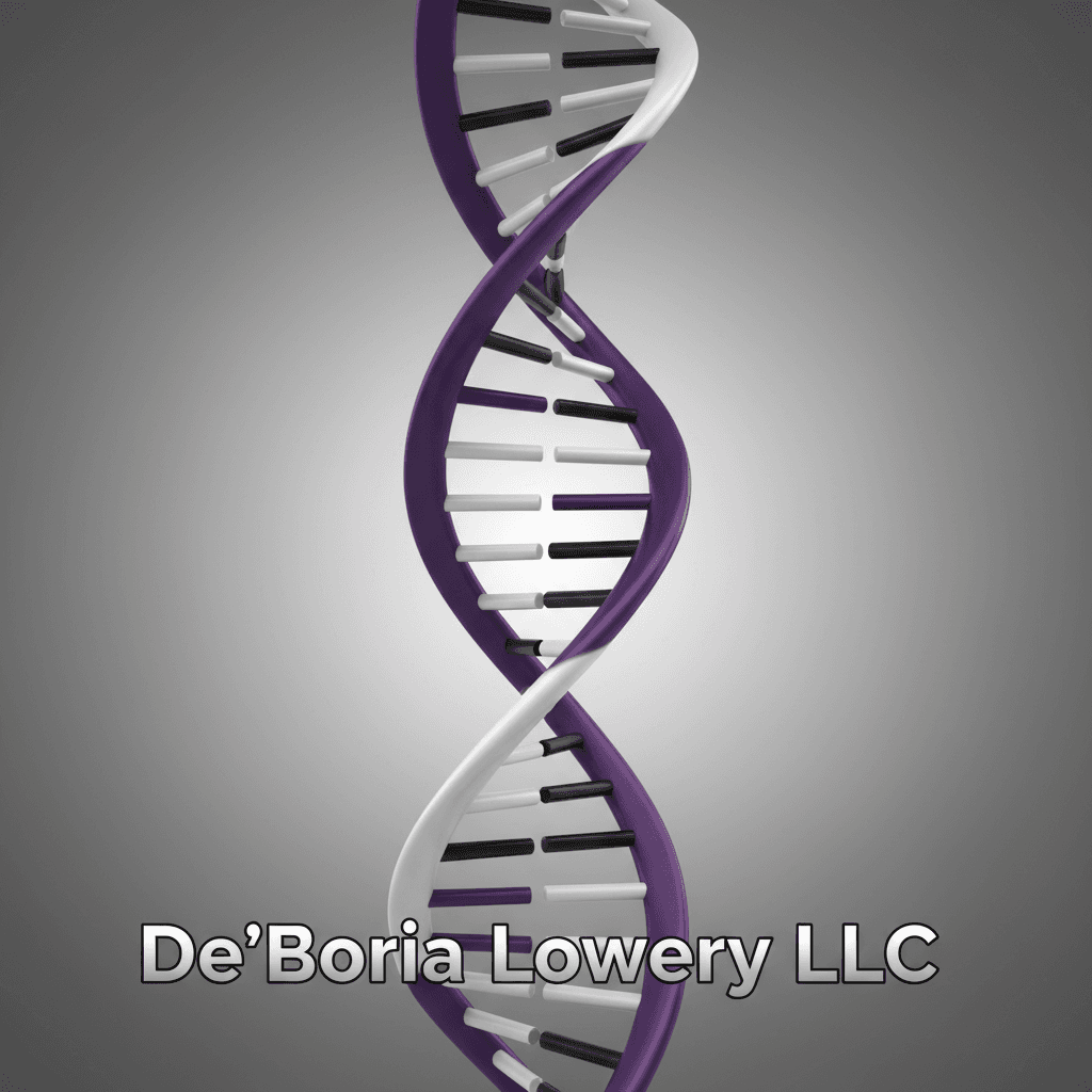 DNA double helix in purple, white, black, and silver with company name 'DeāBoria Lowery LLC'