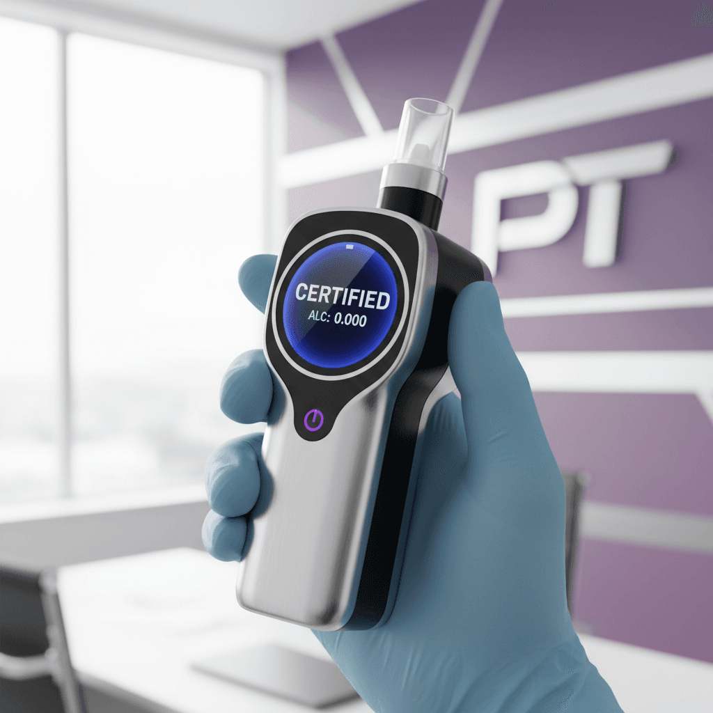 Certified breathalyzer held by technician in a modern office with purple and silver accents