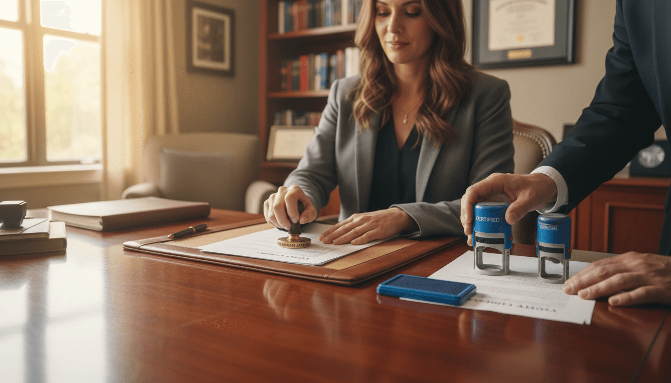 Warm, professional editorial aesthetic medium shot of a notary public signing and stamping documents on a client's desk