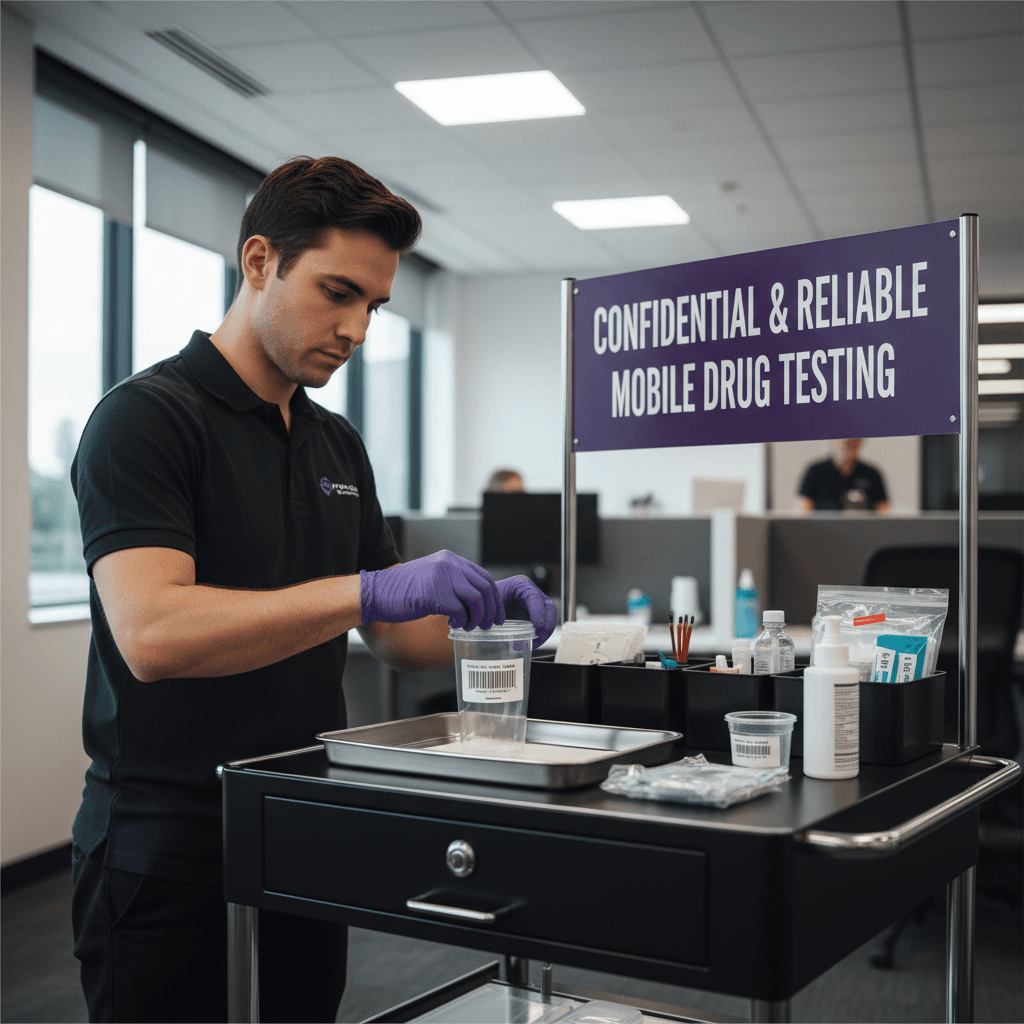 Technician in gloves labels specimen cup with barcode at testing station.