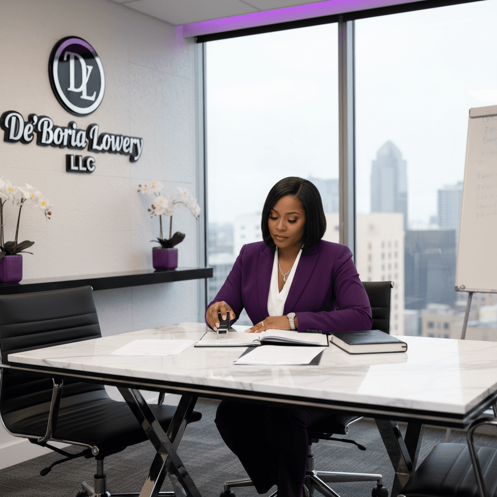 African American notary in business attire reviewing and stamping documents in a modern office