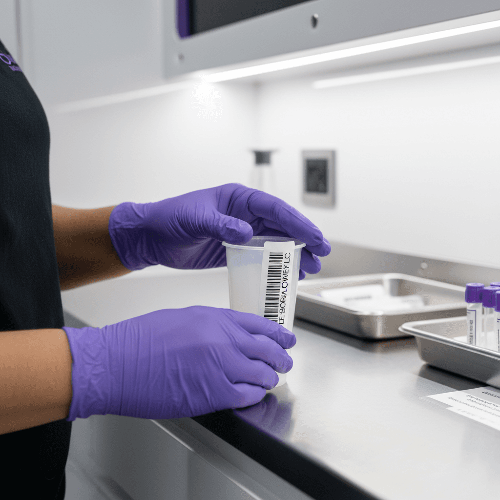 Technician in gloves labeling a specimen cup at a mobile testing station