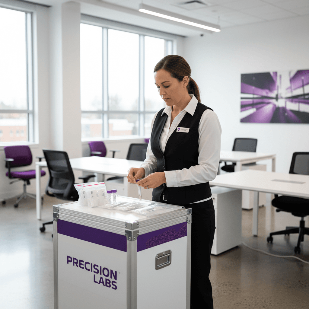Certified technician performing substance screening in a modern office with a purple and silver theme