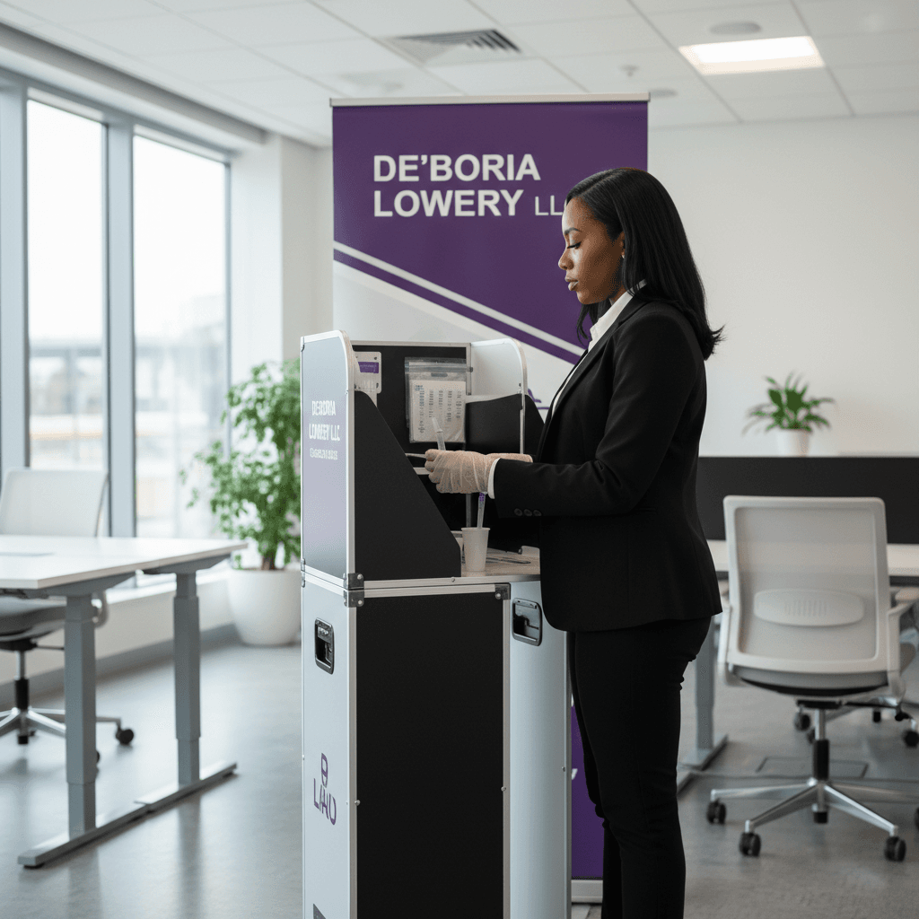 Certified testing professional conducting on-site substance screening collection at portable station in corporate office workplace