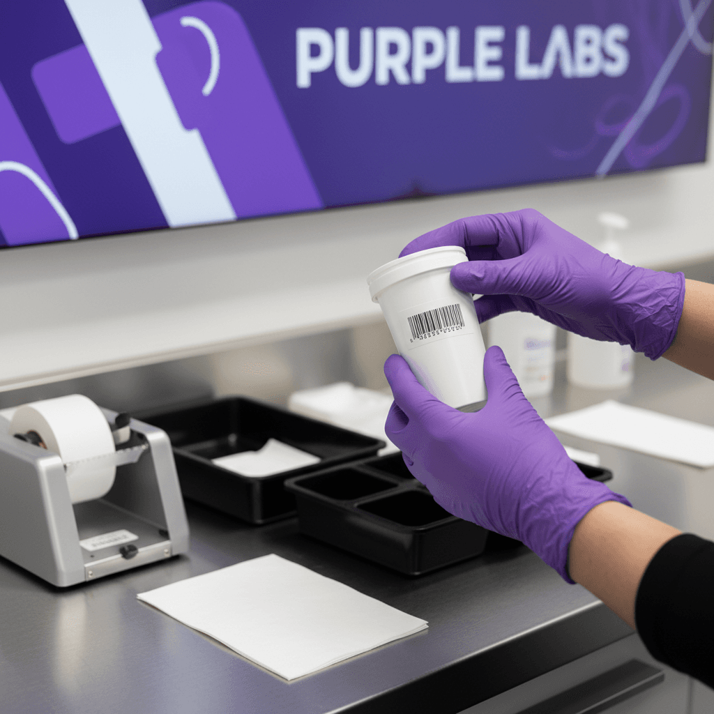 Technician in gloves labels specimen cup with barcode at testing station.